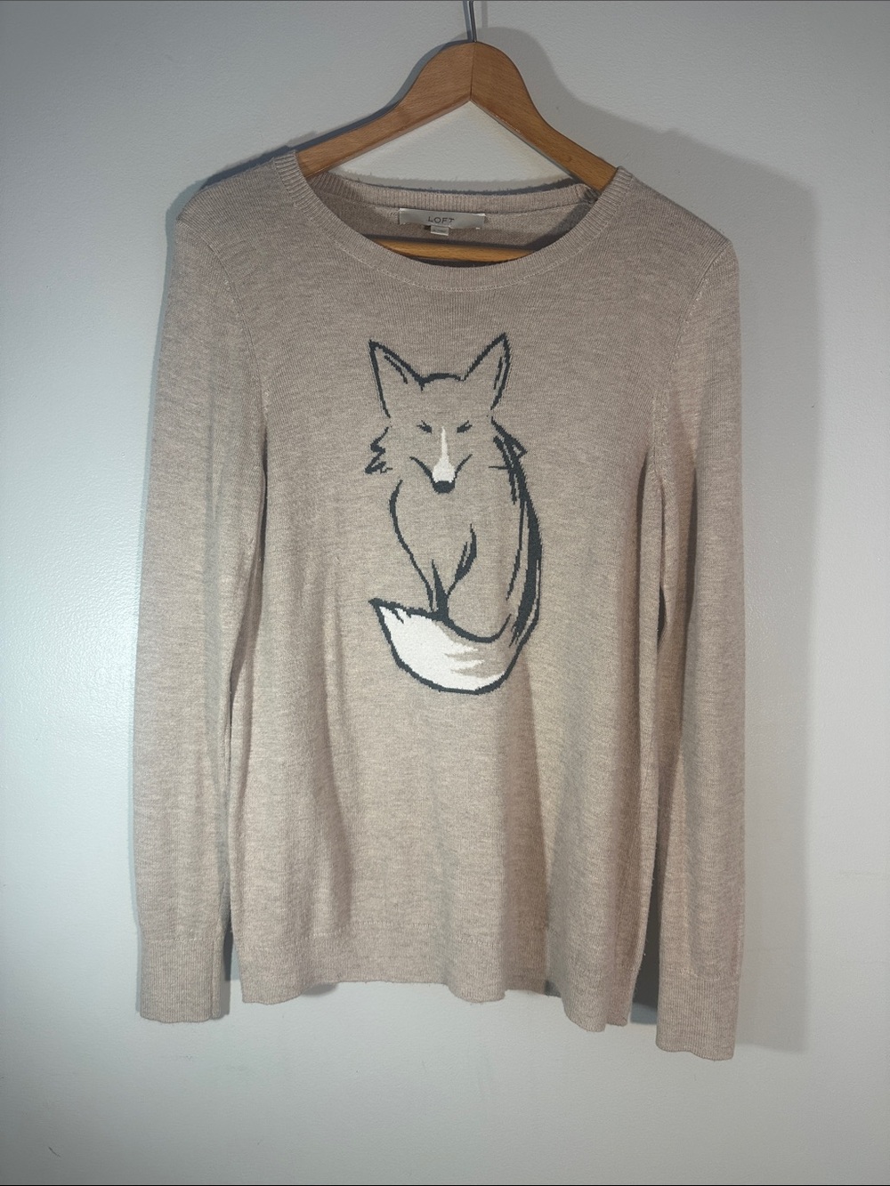 LOFT Light Beige Fox Knit Crewneck Sweater, Medium